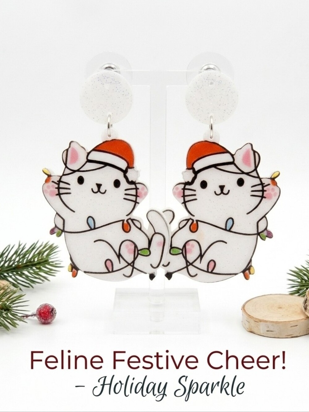 Christmas Cat Earrings Acrylic Dangle Santa Hat Holiday Lights Kawaii CuteCore